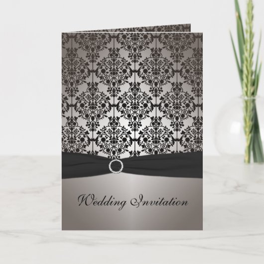 Grijze en zwarte Damask Kaart Style Wedding Invite (Voorkant)