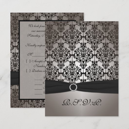 Grijze en zwarte damasten trouw-RSVP-kaart RSVP Kaartje (Voorkant / Achterkant)