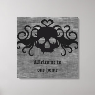 Grijze en zwarte gothic met vampierschedel canvas afdruk