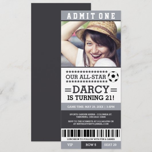 Grijze en zwarte Ticket Birthday Invites Kaart (Voorkant / Achterkant)