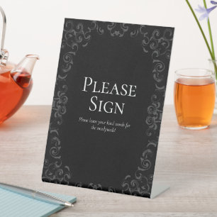 Grijze en zwarte Zwirl Gothic Wedding Reclamebord Met Voetstuk