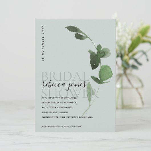 GRIJZE EUCALYPTUS LOOF Aquarel BRUIDSSLUIER Aankondiging (Staand voorkant)