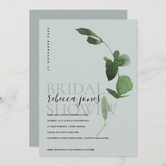 GRIJZE EUCALYPTUS LOOF Aquarel BRUIDSSLUIER Aankondiging (Voorkant / Achterkant)