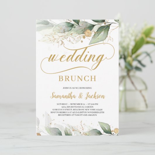 Grijze eucalyptusgoudbladeren bruiloft brunch kaart (Staand voorkant)