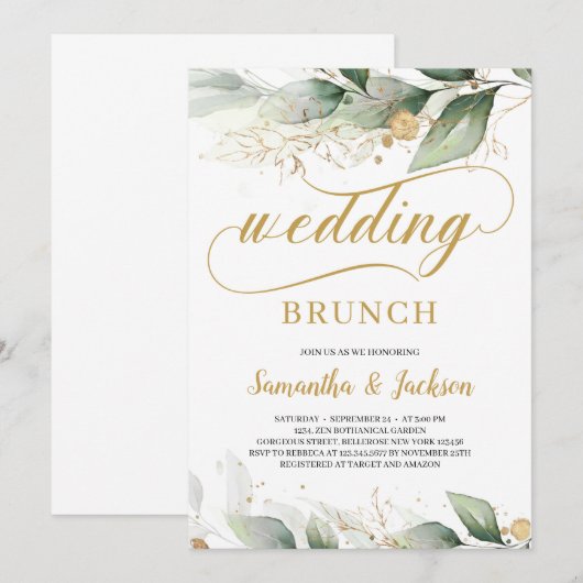 Grijze eucalyptusgoudbladeren bruiloft brunch kaart (Voorkant / Achterkant)