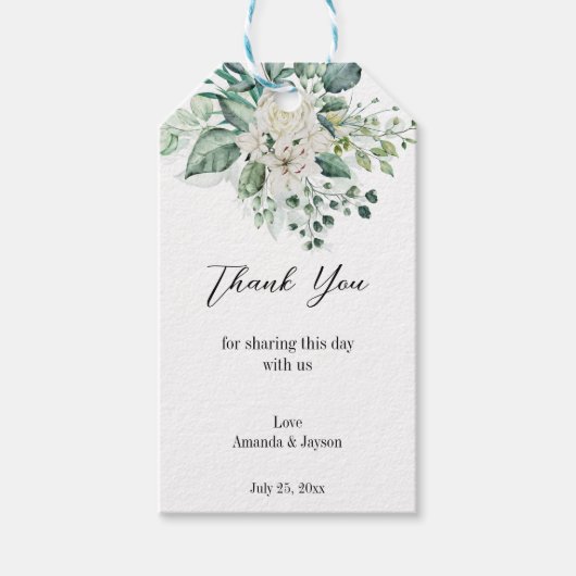 Grijze eucalyptuswitte rozen bruiloft cadeaulabel (Voorkant)