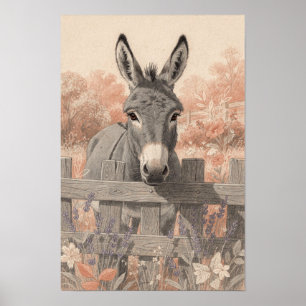 Grijze Ezel bij Lavendel Tuin Schutting Poster