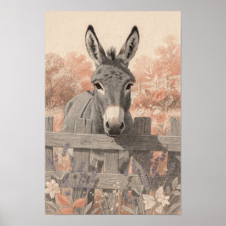 Grijze Ezel bij Lavendel Tuin Schutting Poster