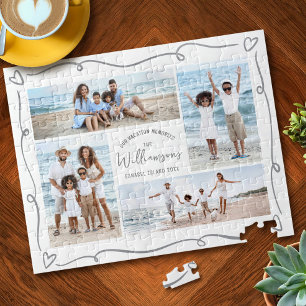 Grijze familiefotocollage met de hand getekende kr legpuzzel