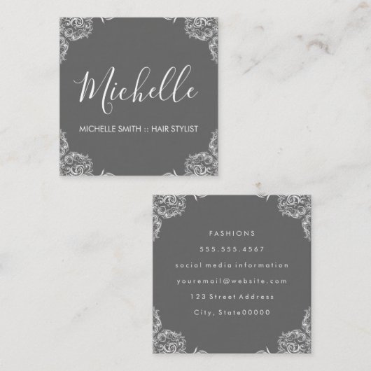 Grijze Fancy hoeken Script-tekst Vierkante Visitekaartje (Voorkant / Achterkant)