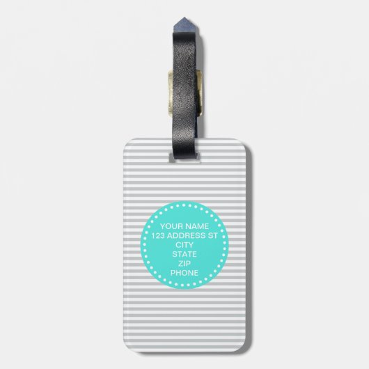 Grijze fijne streep met Turquoise Monogram Bagagelabel (Achterkant verticaal)