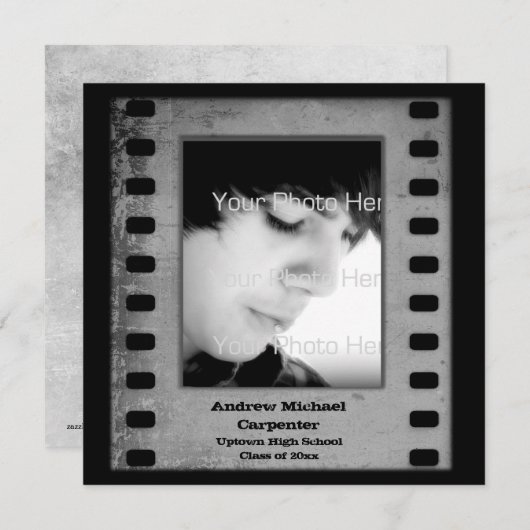 Grijze film Strip Grunge Fotokaart Uitnodiging (Voorkant / Achterkant)