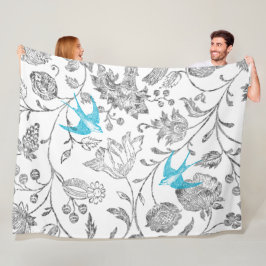 grijze Floral Aqua Blue Blauwgroen vogels Fleece Deken