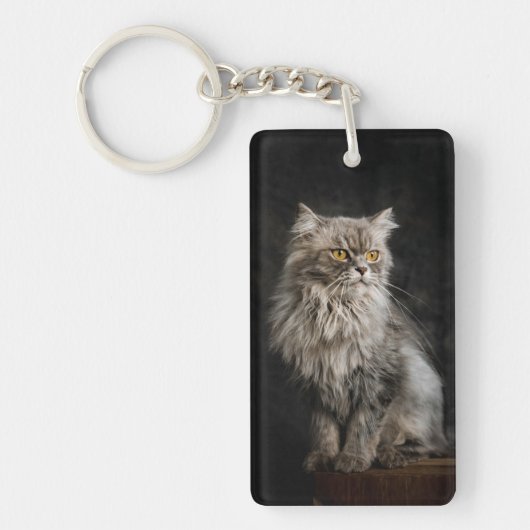 Grijze Fluffy Kat  Sleutelhanger (Voorkant)