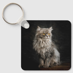 Grijze Fluffy Kat Sleutelhanger
