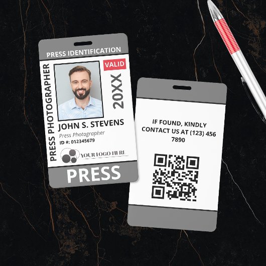 Grijze foto- en logo-pers-ID QR-code Badge