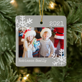 Grijze foto familie kerst sneeuwvlok keramisch ornament
