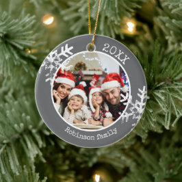 Grijze foto familie kerst sneeuwvlok keramisch ornament