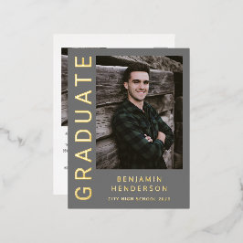 Grijze foto Gold Foil Boy Afstuderen kondiging Folie Uitnodiging Briefkaart