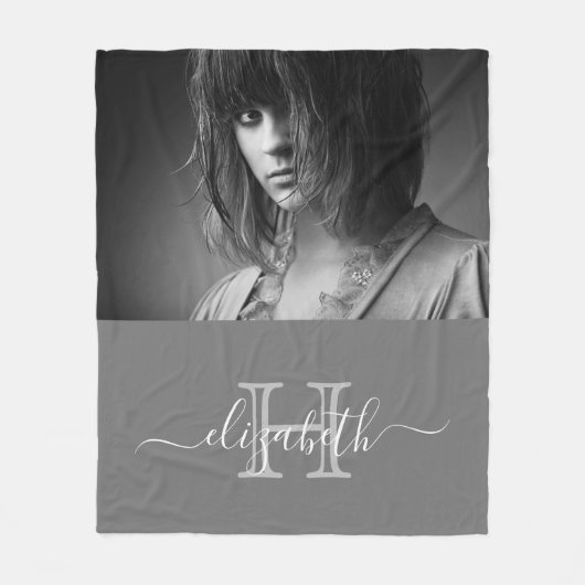 Grijze foto-monogram naam modern script fleece deken (Voorkant)
