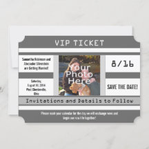 Grijze foto ticket Save the Date trouwkaart