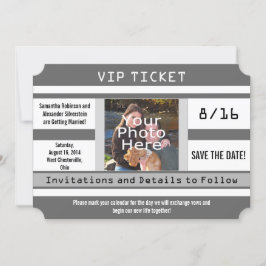 Grijze foto ticket Save the Date trouwkaart