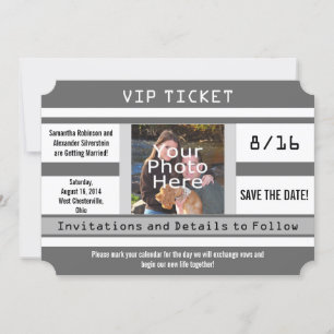 Grijze foto ticket Save the Date trouwkaart