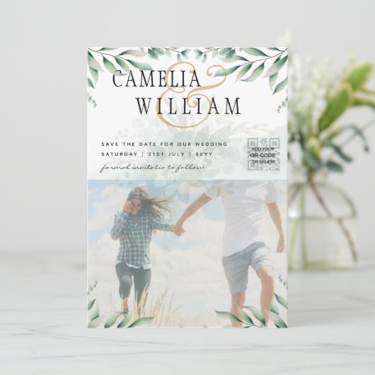Grijze FOTO WEDDING INVITATION Eucalyptus Kaart (Staand voorkant)
