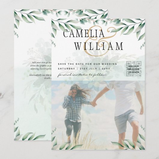 Grijze FOTO WEDDING INVITATION Eucalyptus Kaart (Voorkant / Achterkant)