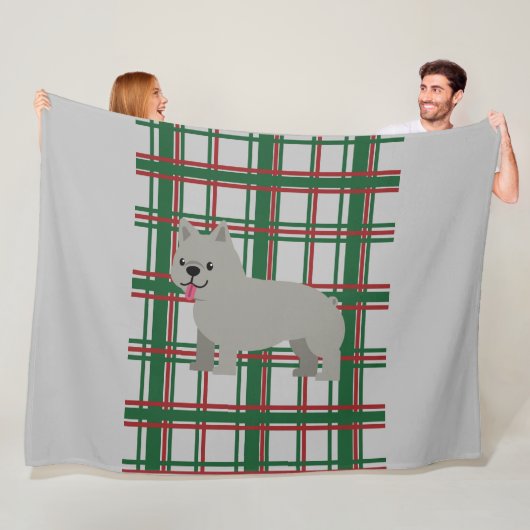 Grijze Franse Bulldog, Kerst Geruit Fleece Deken (In situ)