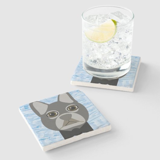 Grijze Franse Bulldog, waterverf blauw Stenen Onderzetter (Zijkant)