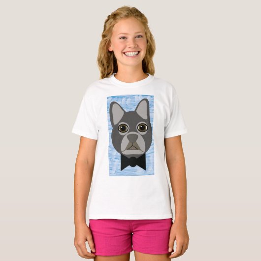 Grijze Franse Bulldog, waterverf blauw T-shirt (Voorkant volledig)