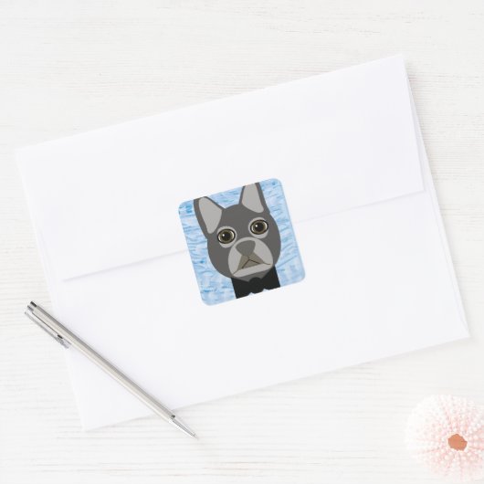 Grijze Franse Bulldog, waterverf blauw Vierkante Sticker (Envelop)
