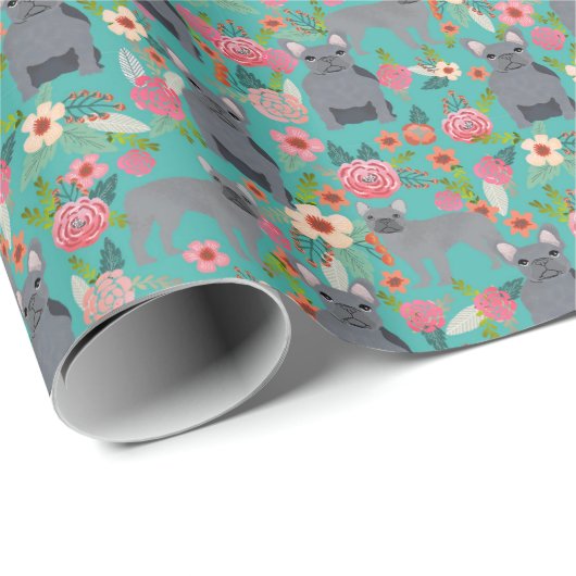 Grijze Franse Bulldogs  Floral turquoise Cadeaupapier (Rol Hoek)