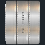 Grijze geborsteld aluminium strepen geometrisch on iPad cover<br><div class="desc">Elegant modern metallisch masculine design. Afbeelding van een zilvergrijze geborstelde aluminiumtextuur met masculinaire accenten en aanpasbaar monogram.</div>