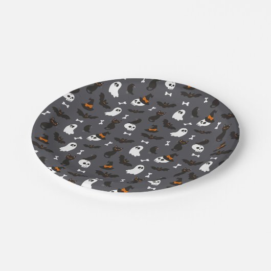 Grijze Geesten Schedels Ravens Katten Halloween Pa Papieren Bordje (Gekanteld)