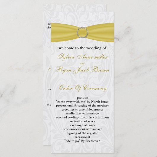 Grijze Gele FAUX-lintdiamantsluiting Weddenschap Programmakaart (Voorkant / Achterkant)