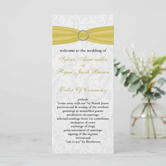 Grijze Gele FAUX-lintdiamantsluiting Weddenschap Programmakaart (Staand voorkant)
