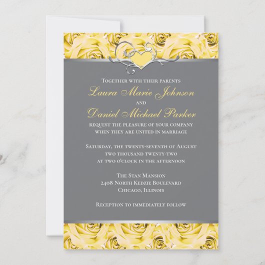 Grijze, gele rozen bruiloft uitnodiging 2 (Achterkant)