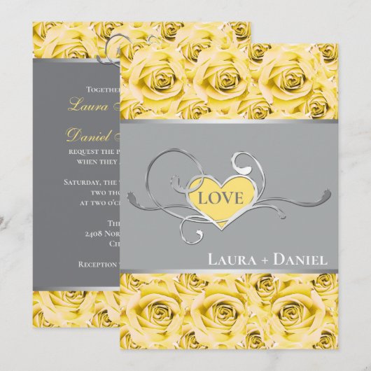 Grijze, gele rozen bruiloft uitnodiging 2 (Voorkant / Achterkant)