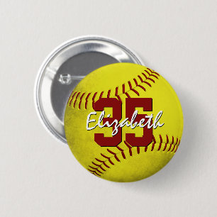 grijze gele softball meisjes gepersonaliseerd ronde button 5,7 cm