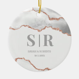 Grijze Geode Agate Koppels Monogram Kerstmis Keramisch Ornament
