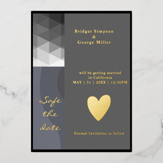 Grijze geometrische bruiloft veilig de datum goud folie uitnodiging (Voorkant)