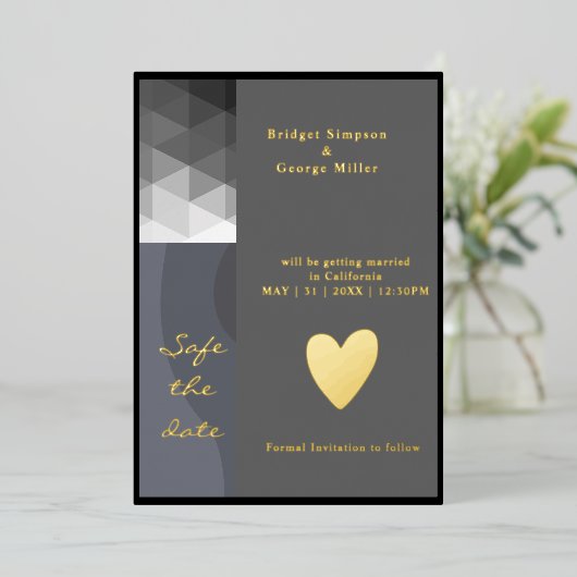 Grijze geometrische bruiloft veilig de datum goud folie uitnodiging (Staand Voorkant)