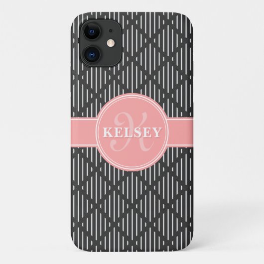 Grijze geometrische lijn diamantpatroon roze monog Case-Mate iPhone case (Achterkant)
