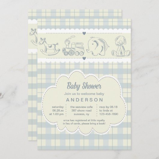 Grijze geruite babyshower uitnodiging (Voorkant / Achterkant)