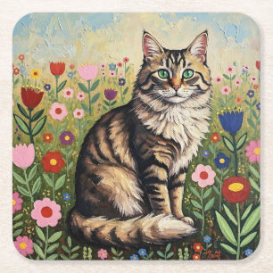 Grijze gestreepte kat en volkskunst bloemen kartonnen onderzetters