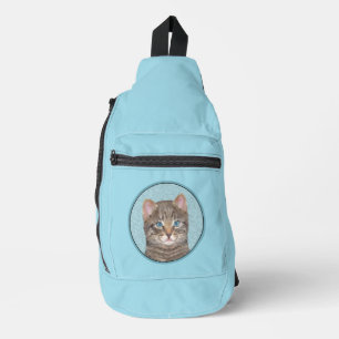 Grijze gestreepte kat portret schilderij Leuke ori Sling Bag