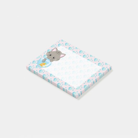Grijze gestreepte kitten met vissenkom post-it® notes (Schuin)