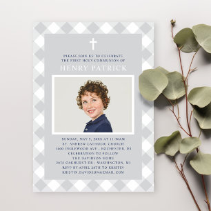 Grijze Gingham Karo Eerste Communie Jongensfoto Kaart